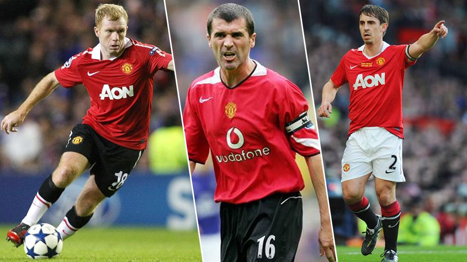 kiri-kanan: Paul Scholes, Roy Keane dan Gary Neville. - INDOSPORT